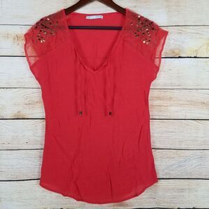 Maurices Womens Top Size M Pinkish Orange Short Beaded‎ Sequin Sleeve V-Neck